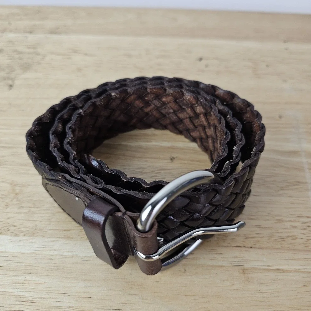 Talbots Womens Brown Braided Woven Leather Belt Silver D-Ring Buckle Small 6812‎